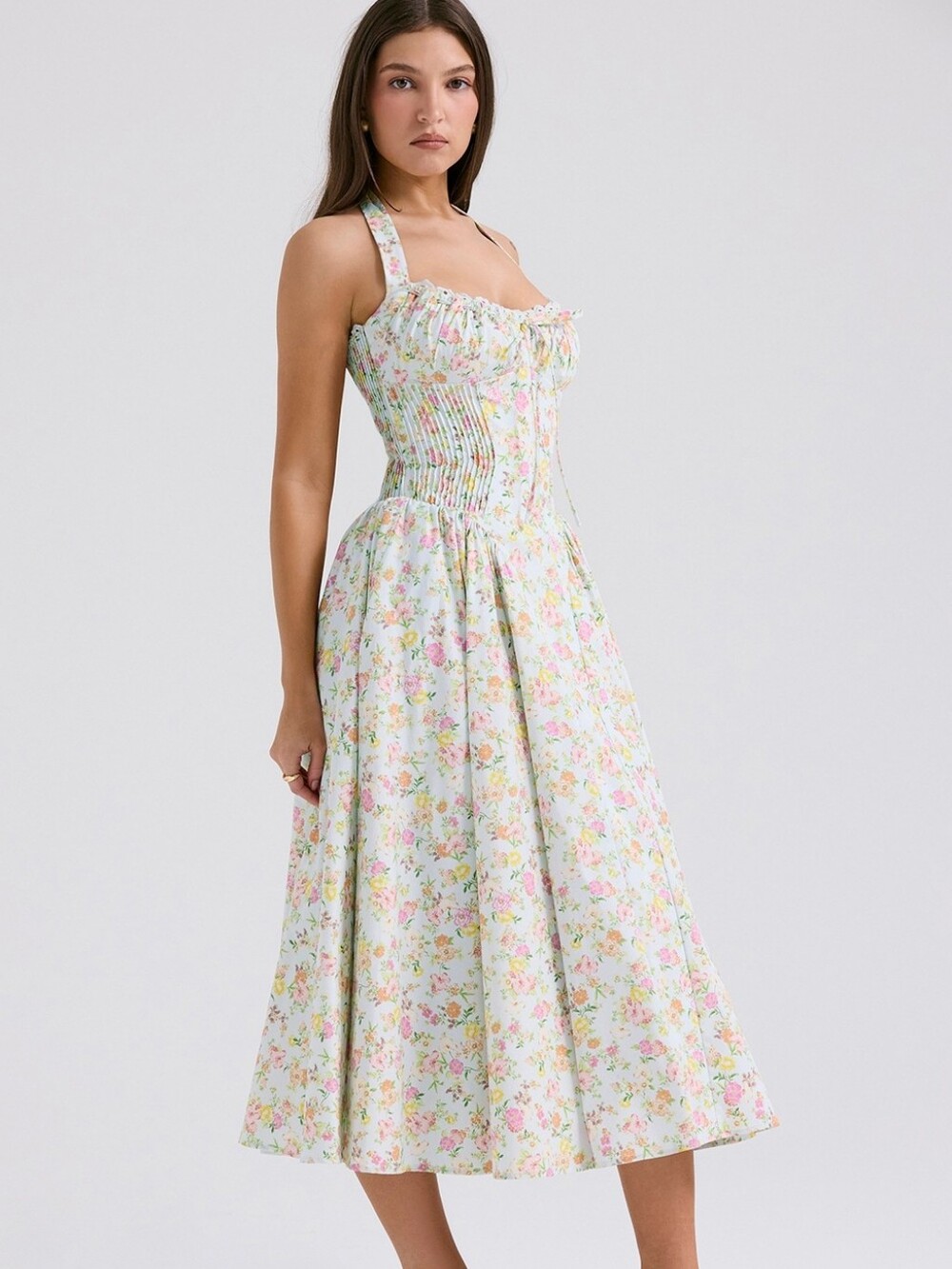 Nwt House Of CB Adabella pale blue meadow print Floral cotton halter sundress XL - Picture 2 of 8